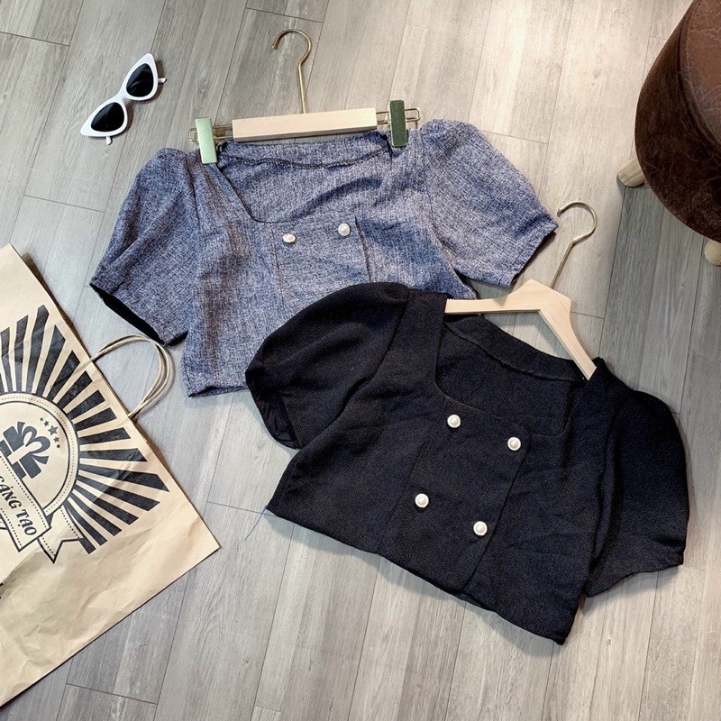 Áo vải dạ tweed croptop tay ngắn, áo croptop vải bố cổ U 4 nút tay phồng - S0U