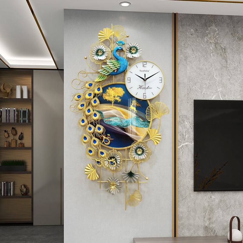 Đồng Hồ Treo Tường Decor Con Công Kết Hợp Tranh tráng gương  Trang Trí Phòng Khách Cao Cấp KD2925-1