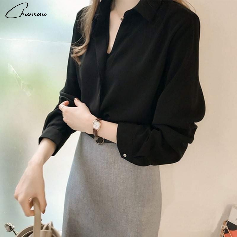 Áo sơ mi công sở nữ đẹp kiểu Hàn Quốc form rộng tay dài chất lụa cao cấp màu ĐEN, TRẮNG Chun-SM01SP