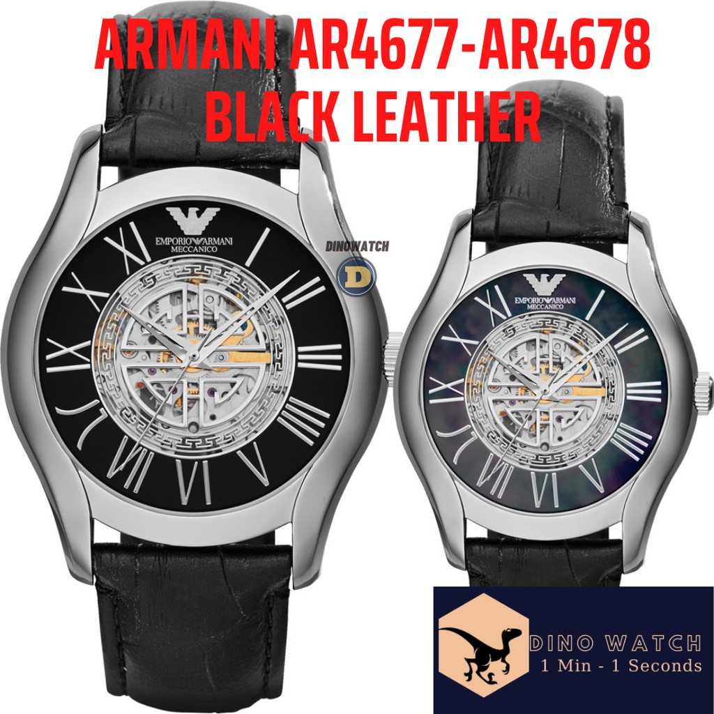 Đồng Hồ Nam Nữ Unisex Armani Automatic Skeleton AR4677 AR4678, Dây Da Màu Đen