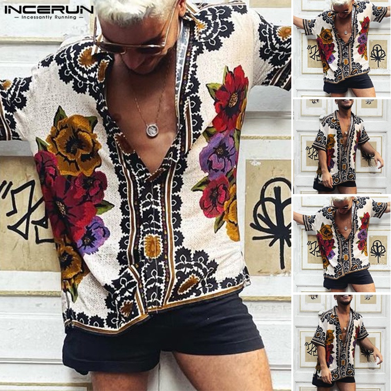Áo sơ mi INCERUN tay ngắn in họa tiết thổ cẩm phong cách vintage thời trang đi biển dành cho nam