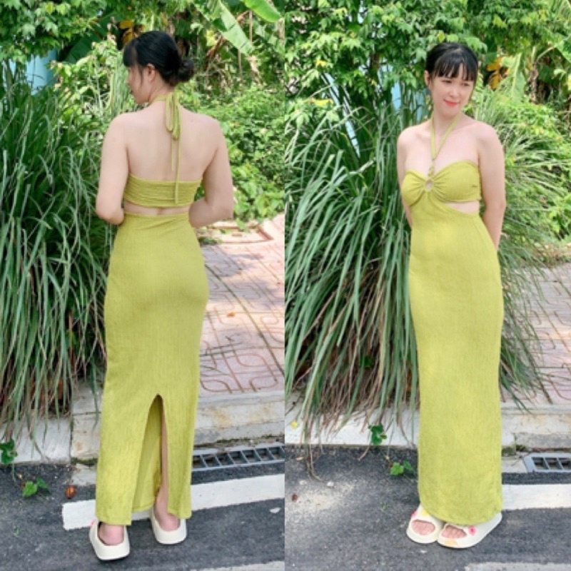Đầm Midi Body Nữ Cổ Yếm Khoen Ngực Khoét Eo Sexy Chất Vải Xốp Mịn Co Giãn