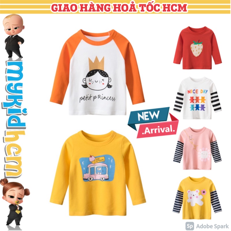 Áo thun tay dài bé gái tay ghép sọc in hình gấu dễ thương chất cotton mềm mịn, an toàn cho bé