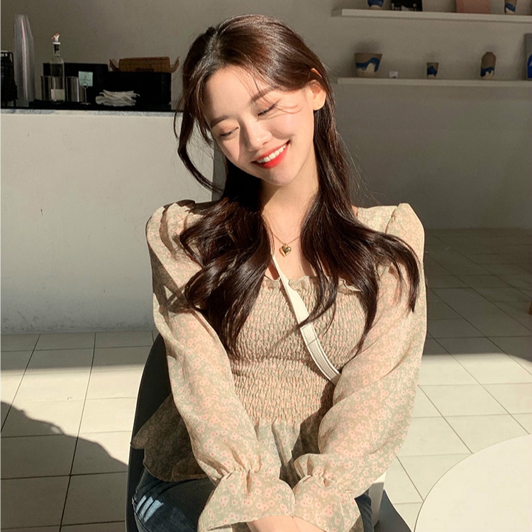 Áo chiffon nữ SUXI tay dài họa tiết hoa phong cách Hàn Quốc