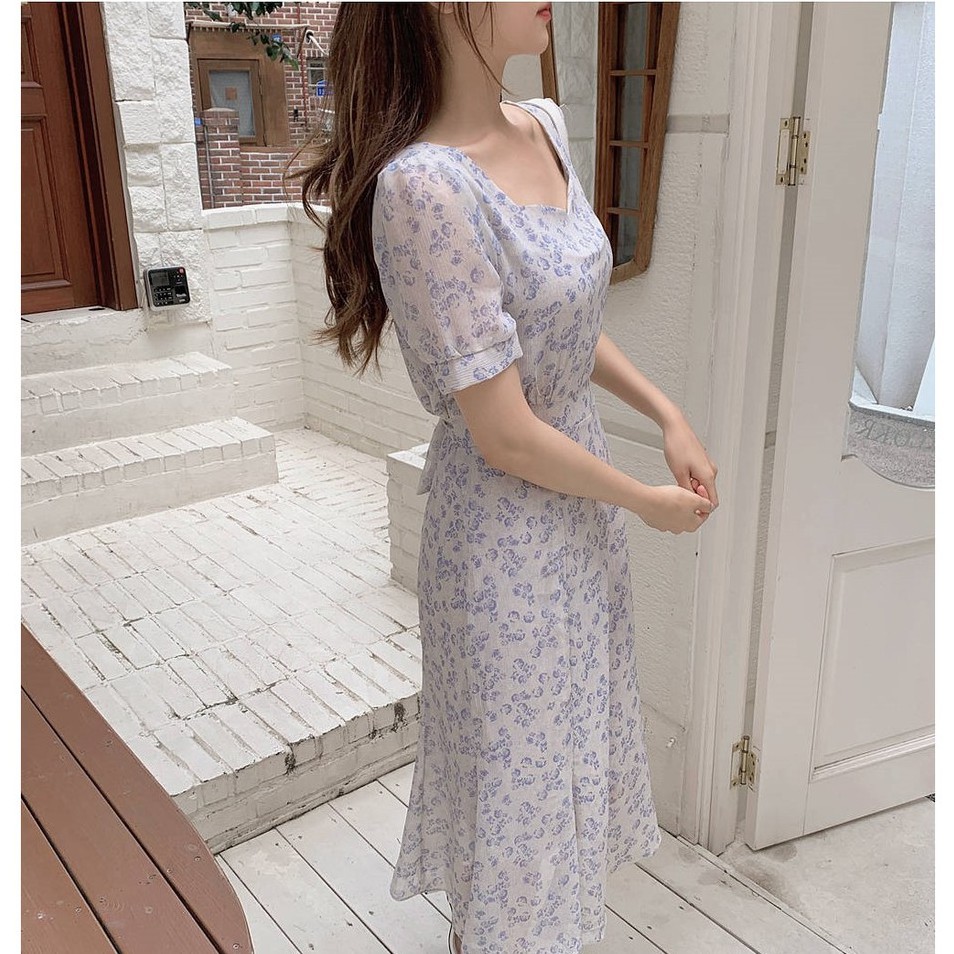 Đầm Voan Hoa Cổ Vuông Thắt Dây Thời Trang Mùa Hè Hàn Quốc Mới 44662