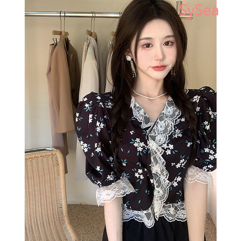 Áo Sơ Mi Phối Ren Hoa Thời Trang Mùa Hè Vintage Cho Nữ