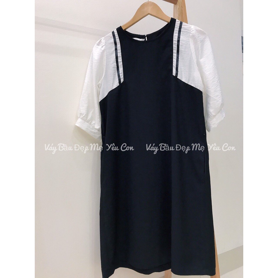 Váy bầu bigsize 40-100kg Đầm bầu công sở Váy bầu đẹp màu đen phối tay trắng cổ tròn MB237