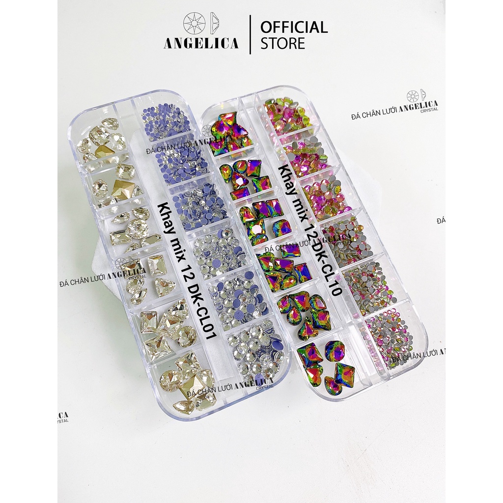 Khay 480v Đá Chân Lưới Mix Đá Khối Đính Nail Trắng AB Trang Trí Móng ANGELICA DKCL