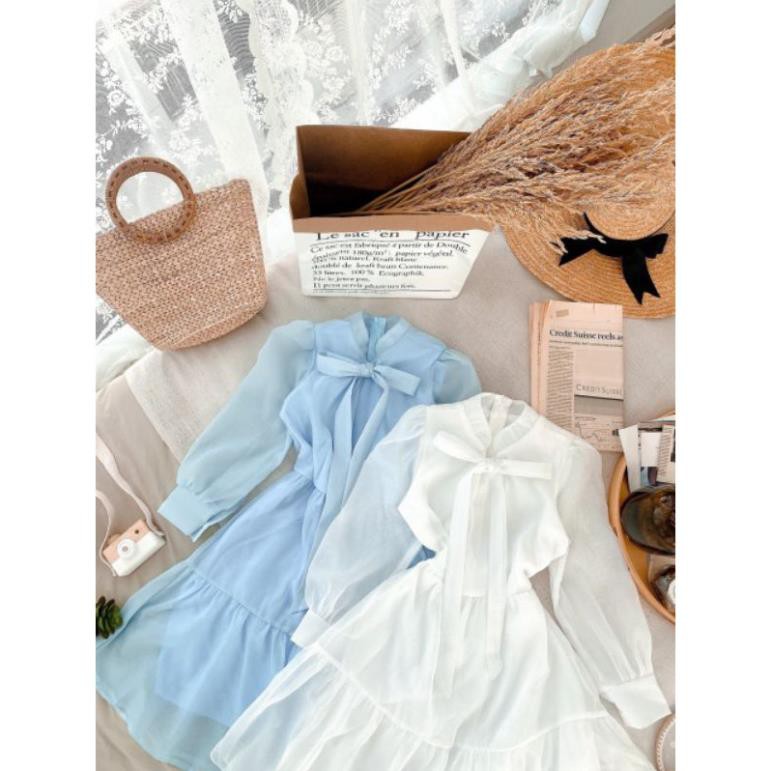 Đầm Nữ, Đầm công sở trắng xanh nơ ngực tơ tầng xinh xắn V | BigBuy360 - bigbuy360.vn