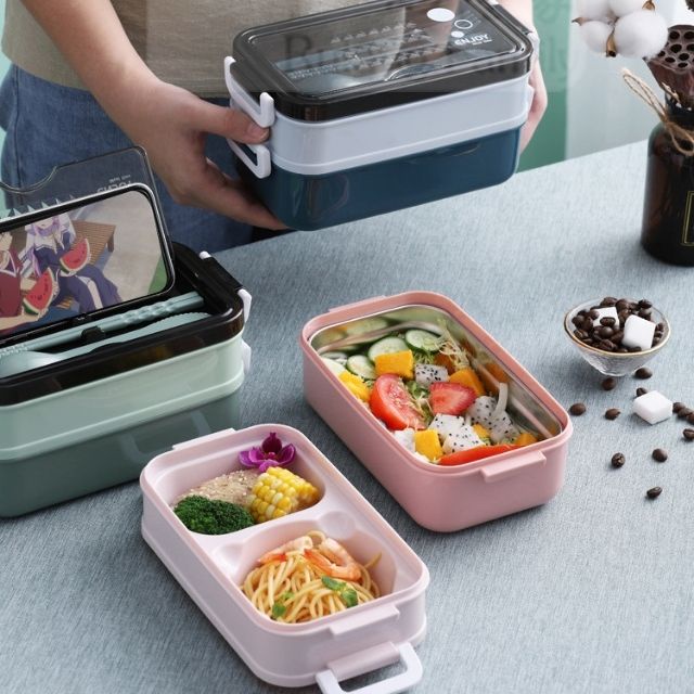 Hộp đựng cơm văn phòng giữ nhiệt 2 tầng lõi inox 304 chống rò rỉ và có kèm bộ thìa đũa