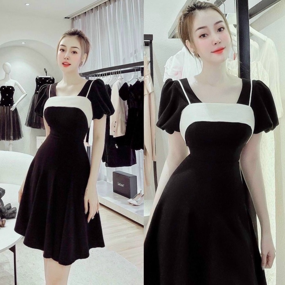 Đầm váy nữ tay búp cổ vuông thiết kế viền trắng thời trang cho nàng dự tiệc