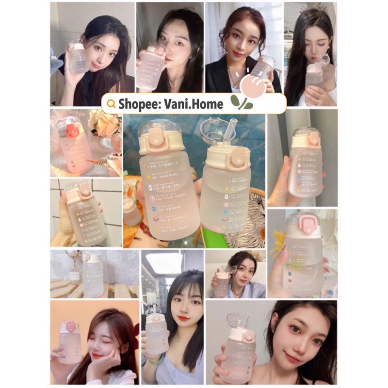 Bình đựng nước cute màu PASTEL phong cách Hàn Quốc cho nữ kèm ống hút có vạch báo giờ uống nước 460ml mang theo tiện lợi