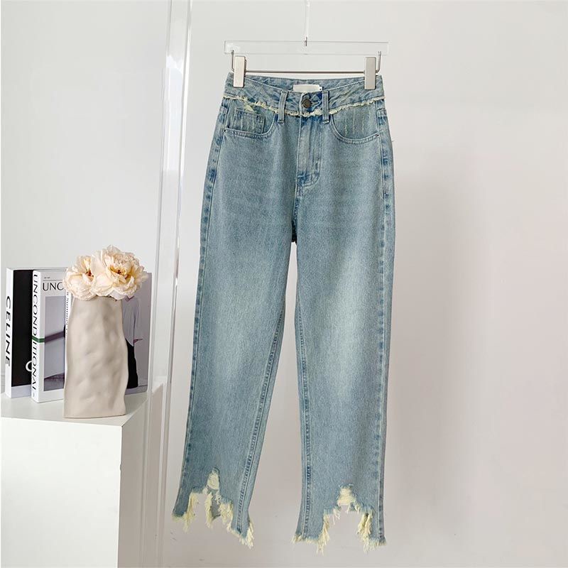 Quần Jeans Nữ Lưng Cao Ống Đứng Rách Gối Thời Trang