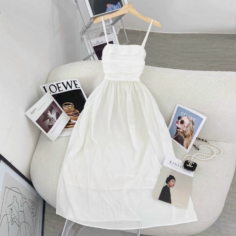 ĐẦM MIDI 2 DÂY TRẮNG XẾP LY NGỰC | BigBuy360 - bigbuy360.vn