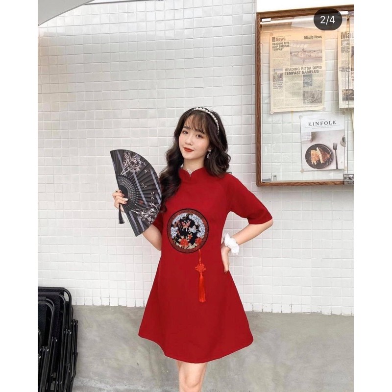 Đầm tết đỏ thiết kế thêu bướm cực xinh chất vải mịn đẹp | BigBuy360 - bigbuy360.vn