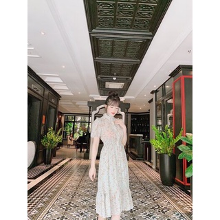 Váy hoạ tiết cổ bèo khuy TT