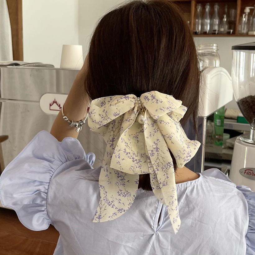 Kẹp Tóc Hình Nơ Bằng Vải Voan Họa Tiết Hoa Đính Ngọc Trai Thời Trang Hàn Quốc