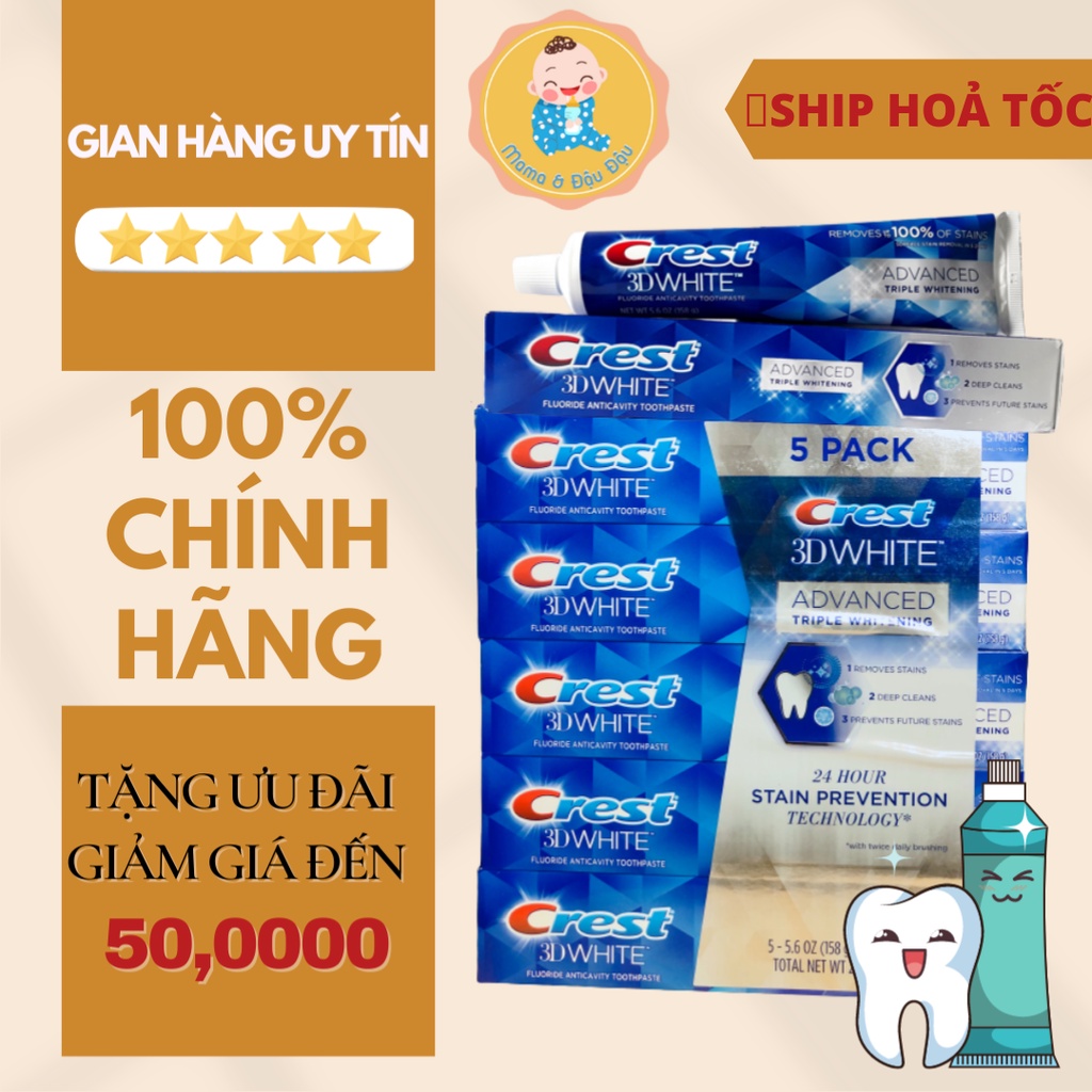 [CHÍNH HÃNG][MỸ] KEM ĐÁNH RĂNG CREST 3D WHITE ADVANCED TRIPLE WHITENING 158G