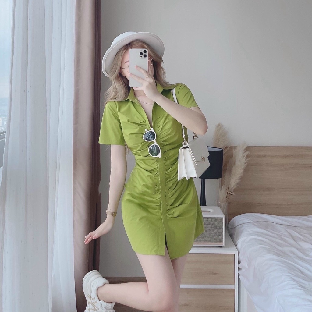 Đầm tiểu thư nữ cổ sơ mi, đầm nữ phong cách Hàn Quốc mặc đi chơi xinh xắn, đầm nữ ôm body đơn giản