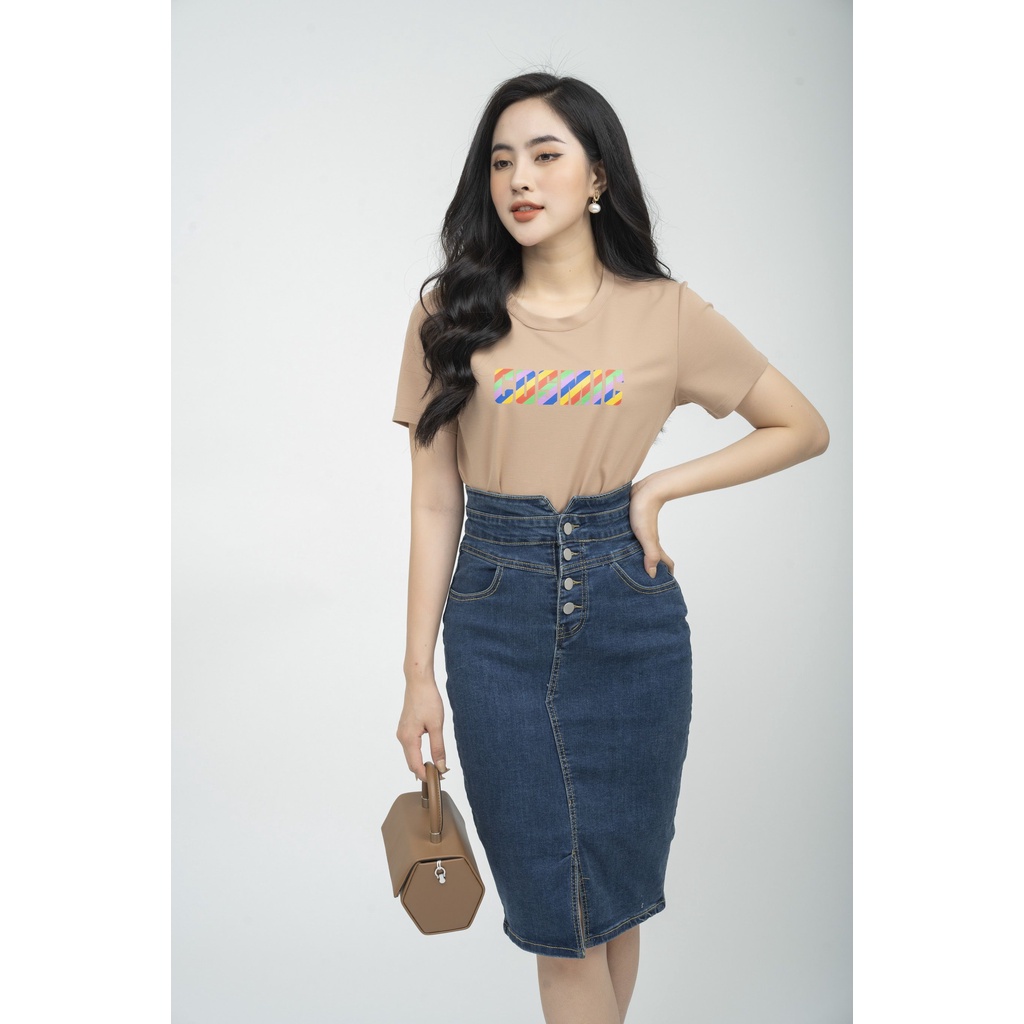 Áo cotton nữ dáng suông ngắn tay in chữ Fiona F522158