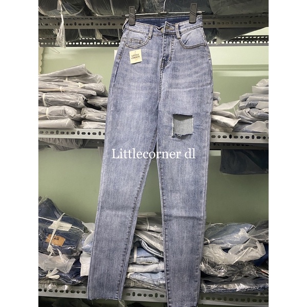 Quần bò jean ôm nữ rách ô đùi lưng cao quảng châu gấu tua co dãn loại 1 FREESHIP