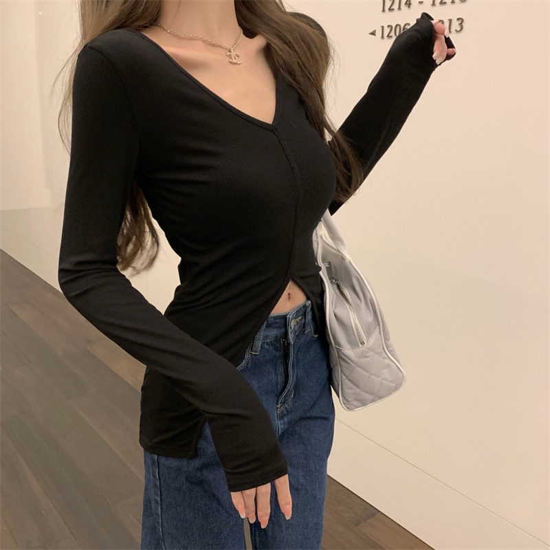 Aó thun tay dài cổ tim xẻ tà chất thun gân-ringushop