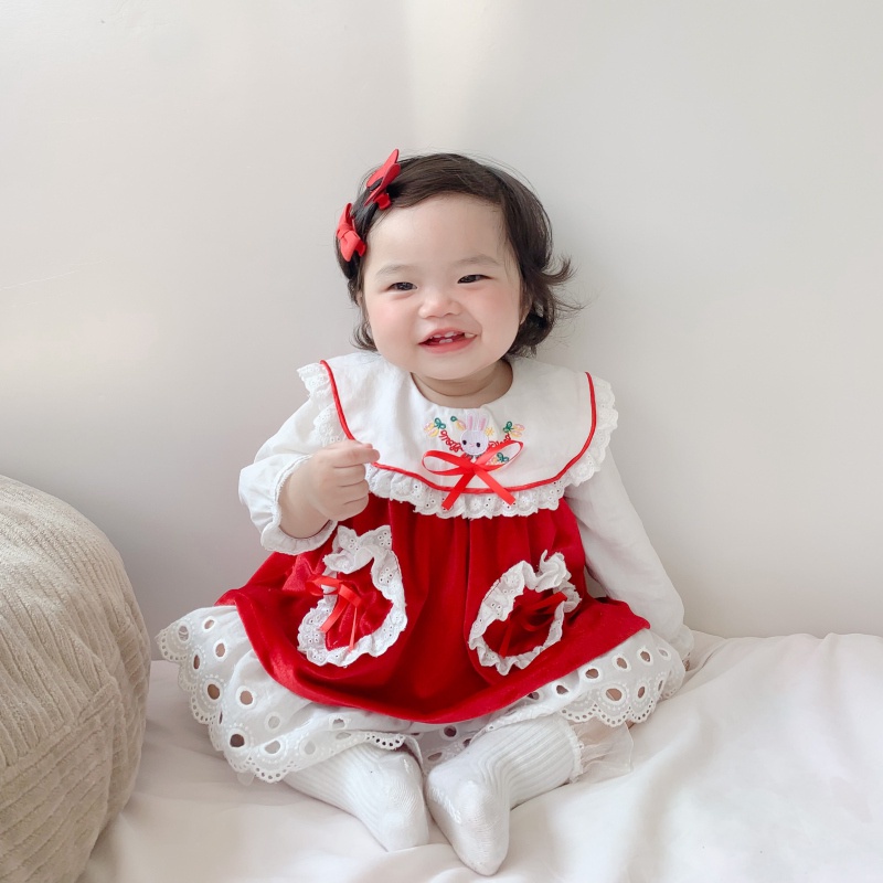 Set áo sơ mi cổ ren in họa tiết hoạt hình phối chân váy yếm phong cách lolita cho bé gái