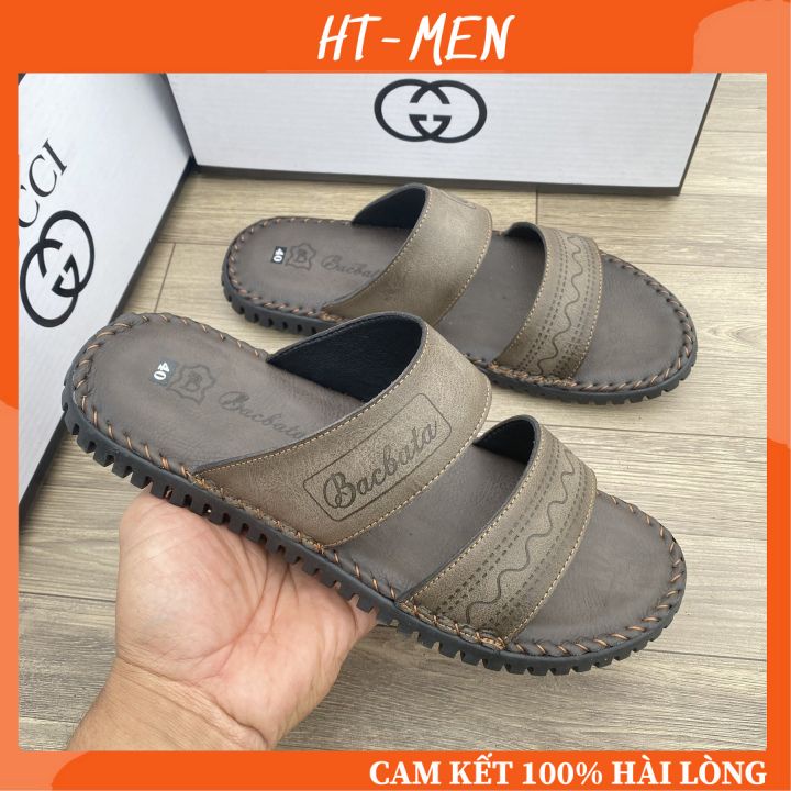 Dép Quai Ngang Cho Nam Chất Da bò Hai Quai Khâu Viền Đế Hàng Full Box