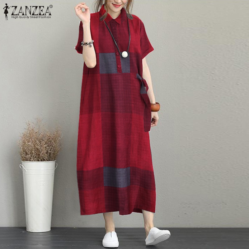 Đầm sơ mi ZANZEA tay ngắn họa tiết caro thời trang sành điệu cho nữ
