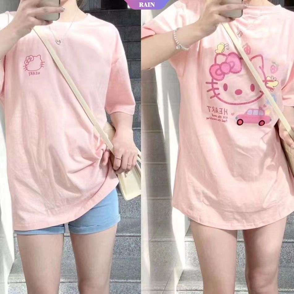 Áo Thun Cotton Tay Ngắn Cổ Tròn Dáng Rộng In Họa Tiết Hoạt Hình Hello Kitty Phong Cách Harajuku Thời Trang Mùa Hè Cho Nữ