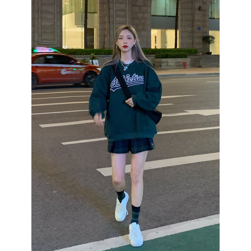 SUXI Áo nỉ nữ dài tay cổ tròn thời trang Hàn