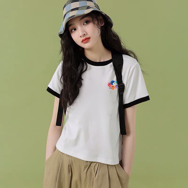Áo thun nữ tay ngắn in mặt cười ALALA viền đen xanh cổ tay dáng ôm ngắn chất cotton chính hãng