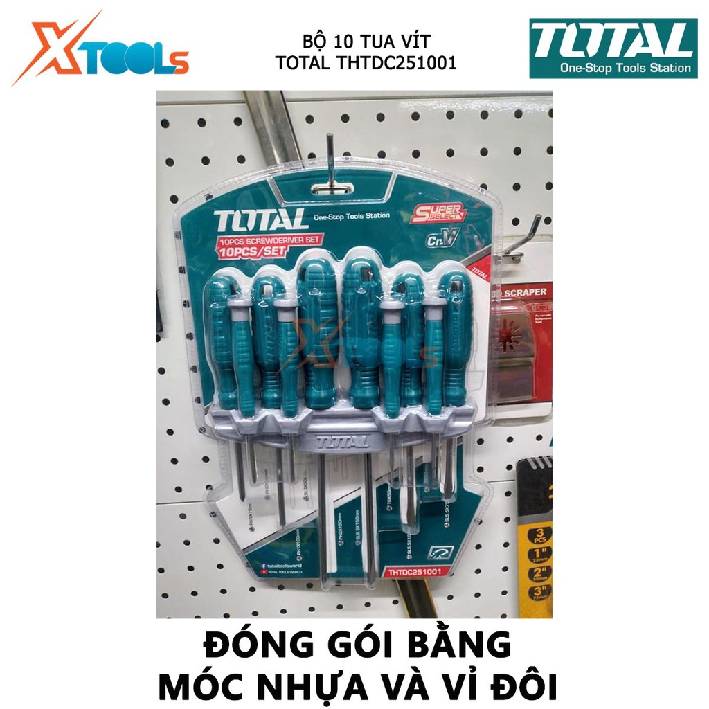 Bộ tuốc nơ vít đa năng 10 chi tiết TOTAL THTDC251001 | Bộ 10 tua vít dẹp, bake, sao và tua vít chuẩn,chất liệu thép CR-V
