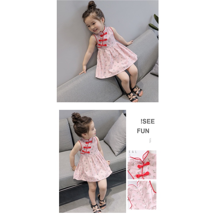 LUCKY CANDY Girls' Dress Chinese Dress Summer Sleeveless Cotton Cheongsam Children Clothing Kids Dress