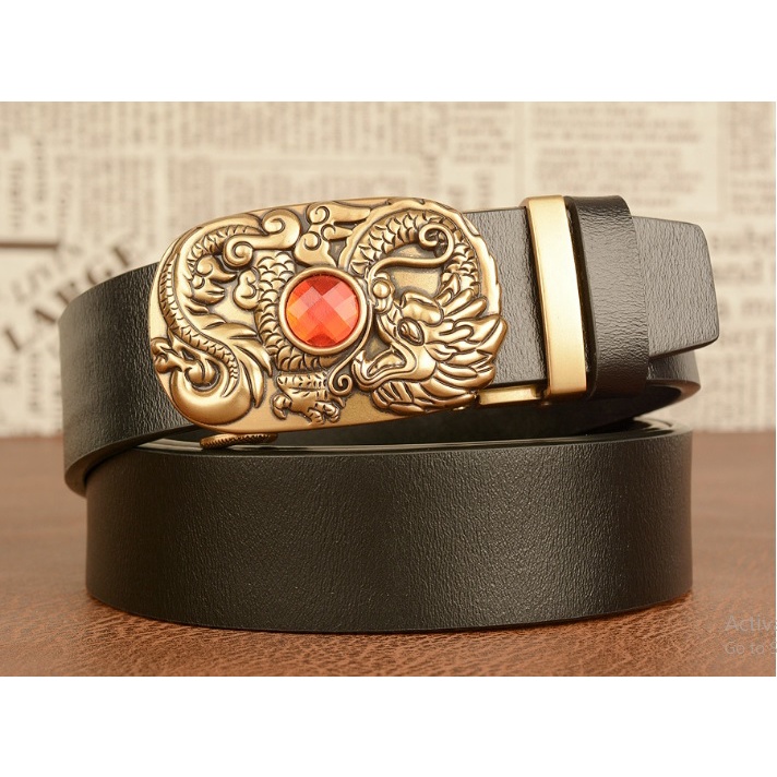 Thắt Lưng Dây Nịt Nam Da Bò Nguyên Miếng Thật 100% Khóa Tự Động Mặt Rồng Đính Ngọc - Đồ Da Kingshop