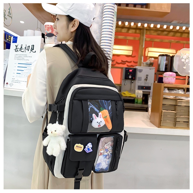 Set 4 ba lô túi ví canvas JASMIN NOIR họa tiết hoạt hình dễ thương cho nữ