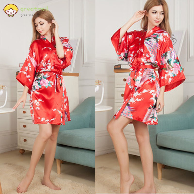 Áo Choàng Ngủ Kimono Chất Phi Bóng Hoạ Tiết Hoa Cho Nữ