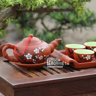 Bộ ấm chén uống trà tử sa Bát Tràng dáng quả hồng khay chữ nhật vẽ hoa đào