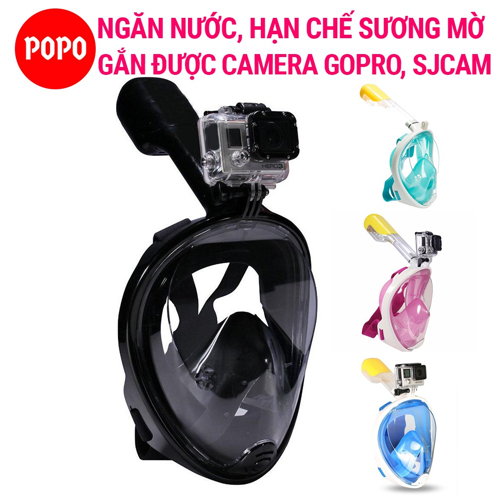 Mặt nạ lặn Full Face Size L gắn được GOPRO, SJCAM tầm nhìn 180 độ ống thở gắn liền ngăn nước POPO Collection