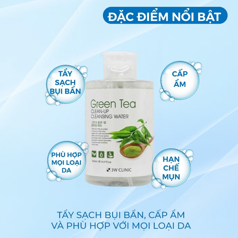 Nước Tẩy Trang - Tẩy Trang Làm Sạch Tinh Chất Trà Xanh 3w Clinic Hàn Quốc 500ml