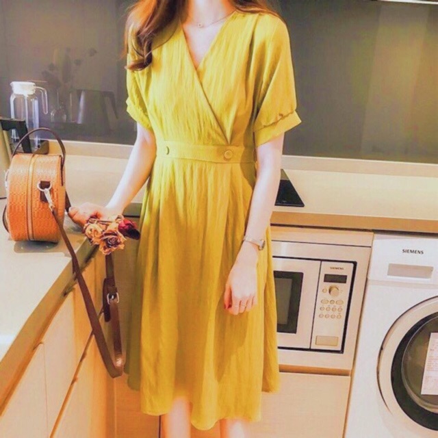 Đầm cổ V thun eo 2 màu