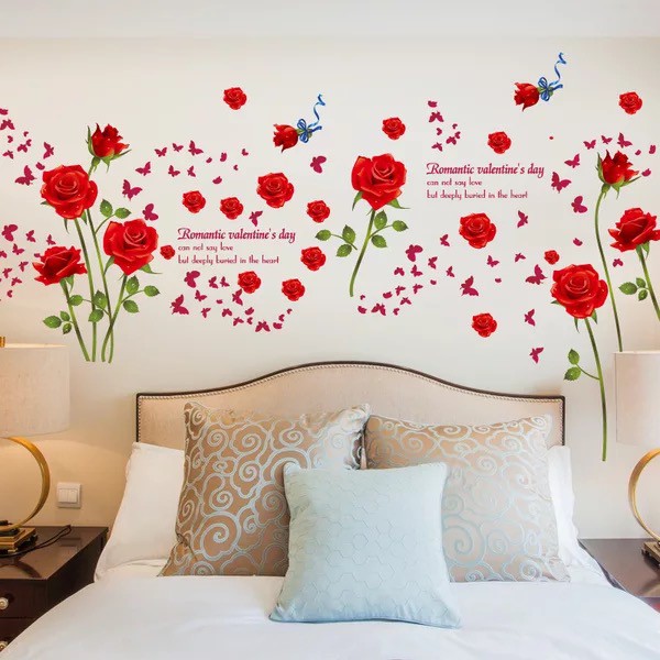 Decal trang trí tường Hoa Hồng Đỏ bông nhiều