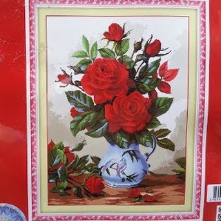 Tranh Thêu Chữ Thập Bình Hoa Hồng A622-56x73cm, chưa thêu