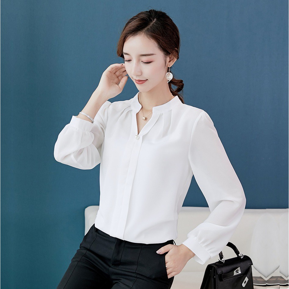 Áo Sơ MI Nữ Tay Dài Cổ Kiểu Nút Ngọc SM67