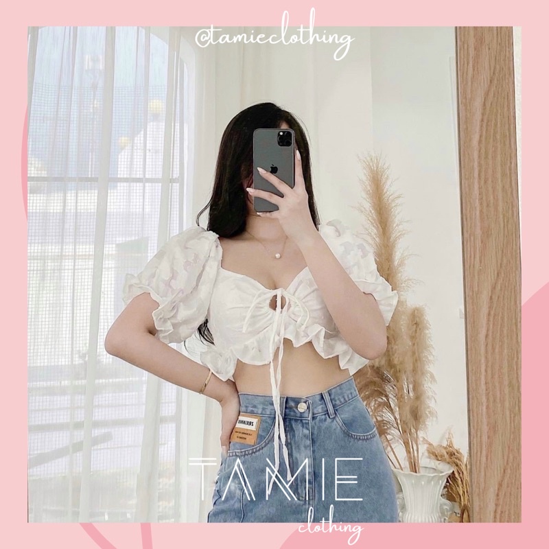 Croptop Trắng Bèo Khoét Ngực Vải Xô Hoa TAMIEclothing