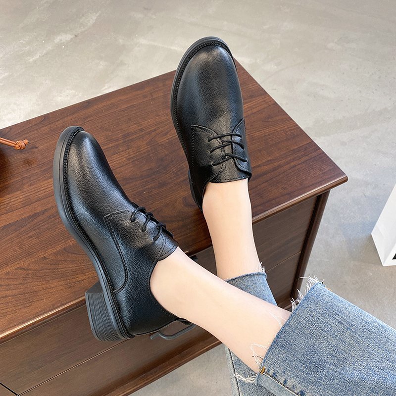 Giày oxford da bóng mũi tròn thắt dây phong cách retro cho nữ