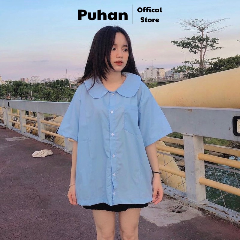 Áo sơmi nữ cổ bèo form rộng - áo sơ mi nữ babydoll dáng rộng, tay lỡ, 2 màu trơn XANH | TRẮNG SIÊU HOT