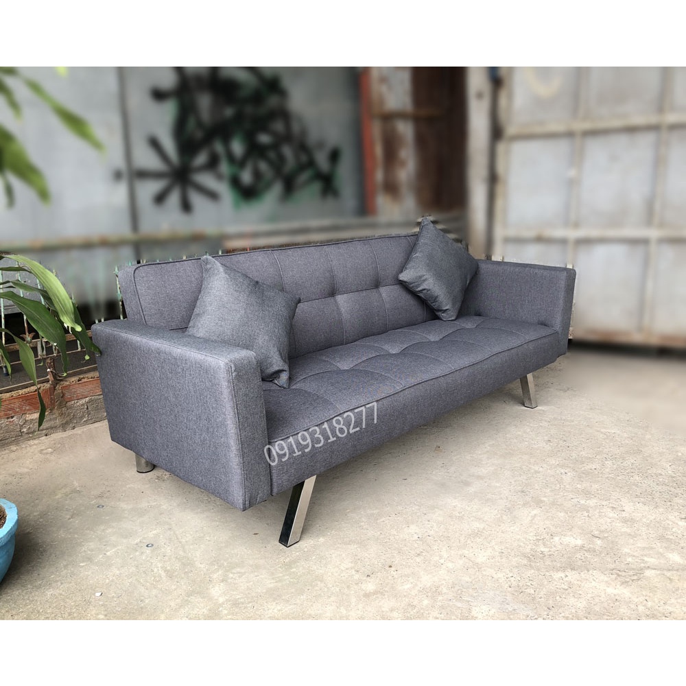 Ghế Sofa Bed Có Tay Vịn Hàng Lắp Ráp - Sofa Giường Đa Năng Vải Bố Màu Xám Chân Inox