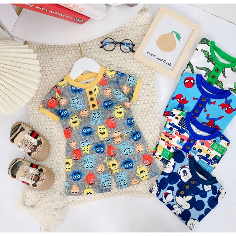 Bộ cộc tay bé trai cotton bozip xuất xịn phối cổ họa tiết