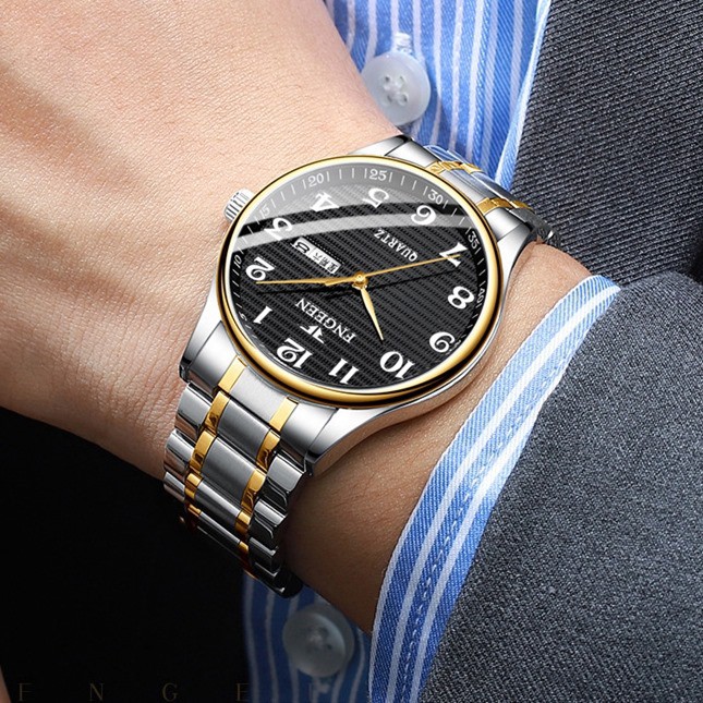 Đồng hồ nam FNGEEN F9 mặt số tròn có lịch thứ lịch ngày dây thép không gỉ